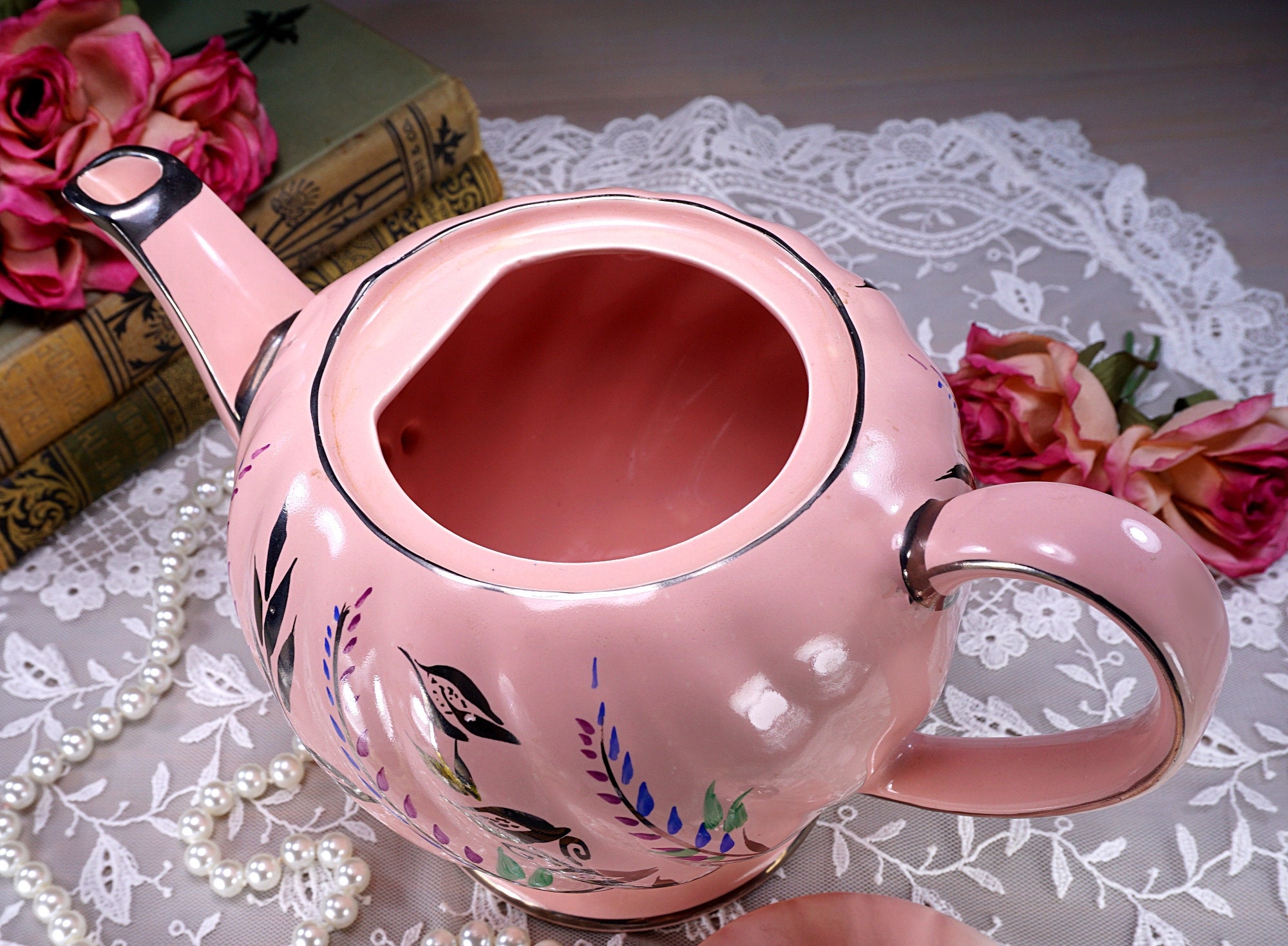 Sadler Swirl Raspberry Pink Teapot Silver Leaves and Trim Etsy