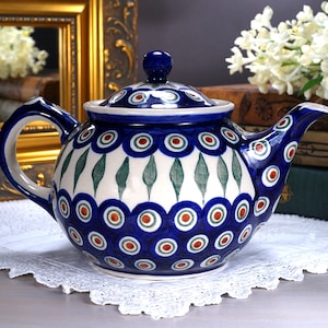 Polish Pottery Teapot PEACOCK LEAVES, Hand Made, Hand Painted, Stoneware from Poland, Signed 504, Red / Blue Collector Teapot, Kitchen Decor