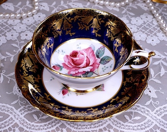 Paragon Floating Rose Tea Cup and Saucer, Large Pink Center Rose