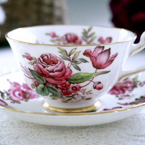 Royal Chelsea Tea Cup and Saucer, English Bone China Hand Painted Floral Teacup, Made in England, Tea Cup with Large Roses, Vintage 1951-61