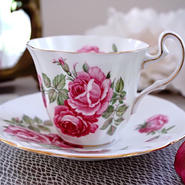 Adderley Tea Cup and Saucer, Pink Rose Teacup, Floral Tea Set, Large Pink Cottage Roses, English Tea Set, Pink Flower Teacup, Vintage 1947