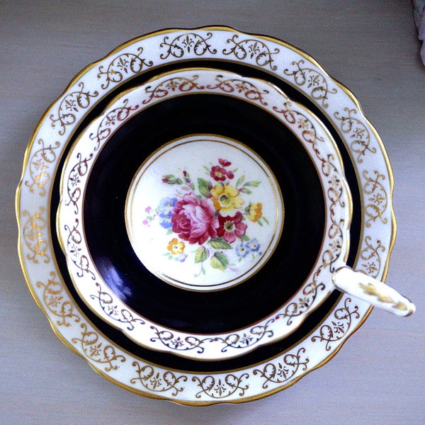Elegant Royal Stafford Tea Cup and Saucer, English Bone China, Black Band, Fancy Pink Floral Teacup, Wide, Made in England, Vintage 1940s