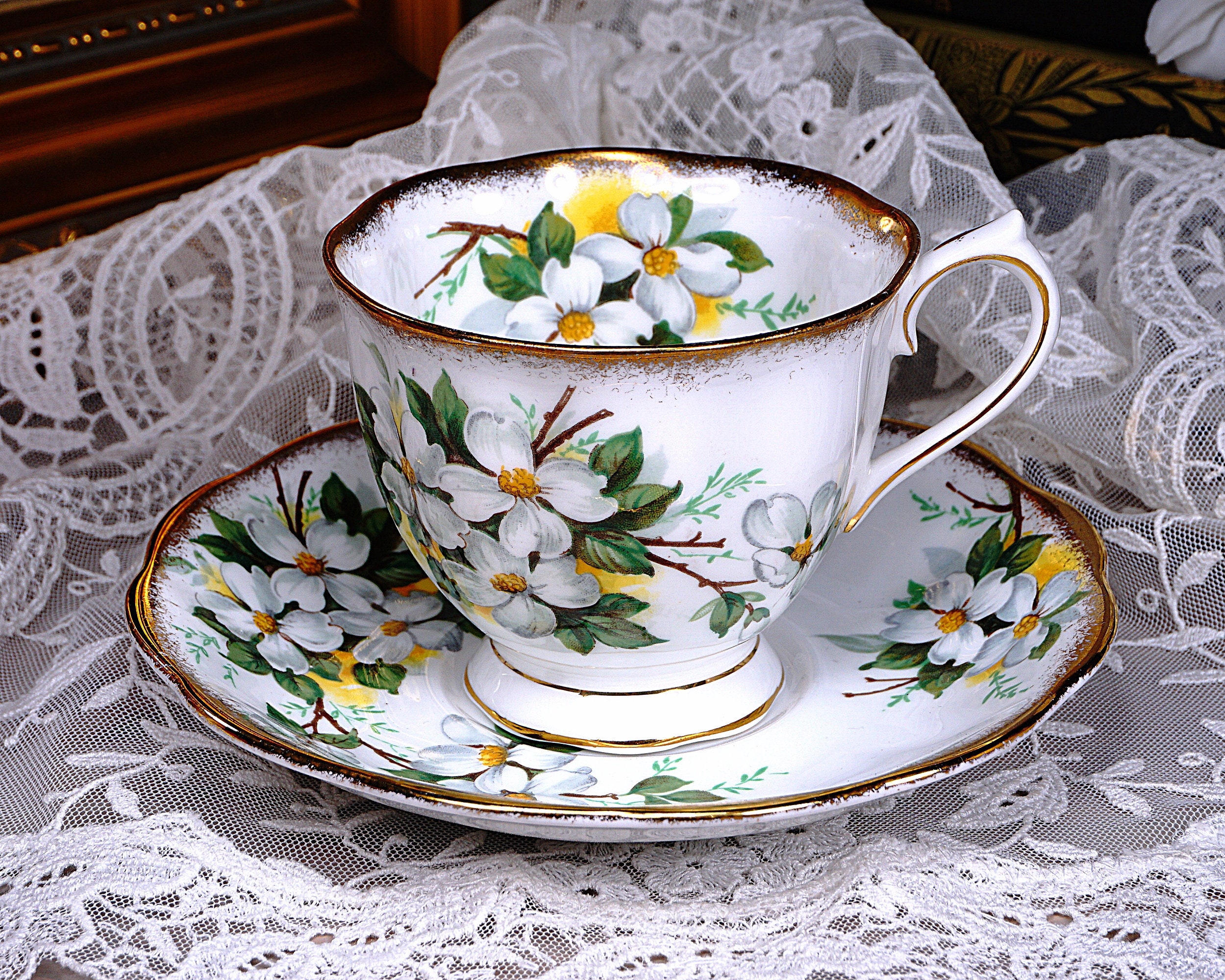 Royal Albert Teacup and Saucer With WHITE DOGWOOD Pattern, Sponged