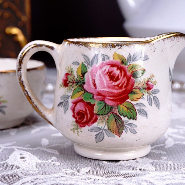 Old Foley James Kent Small Creamer and Sugar, LaROSA Pattern, Staffordshire, Made in England, Pink Roses, Antique White, Heavy Gilt, 1950s