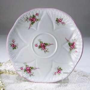 Vintage Shelley Saucer, BRIDAL ROSE 5 3/4&quot; Orphan Saucer, Dainty Shape #13426, Fine Bone China, Pink Roses, Rosebuds, Pink Trim,  1945-1966