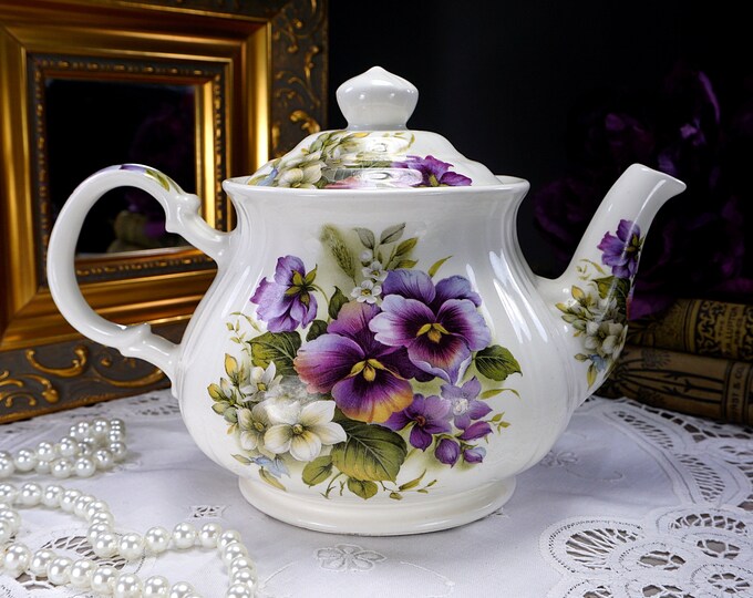 Sadler Teapot With Flowers Purple Pansies Lavender and Etsy