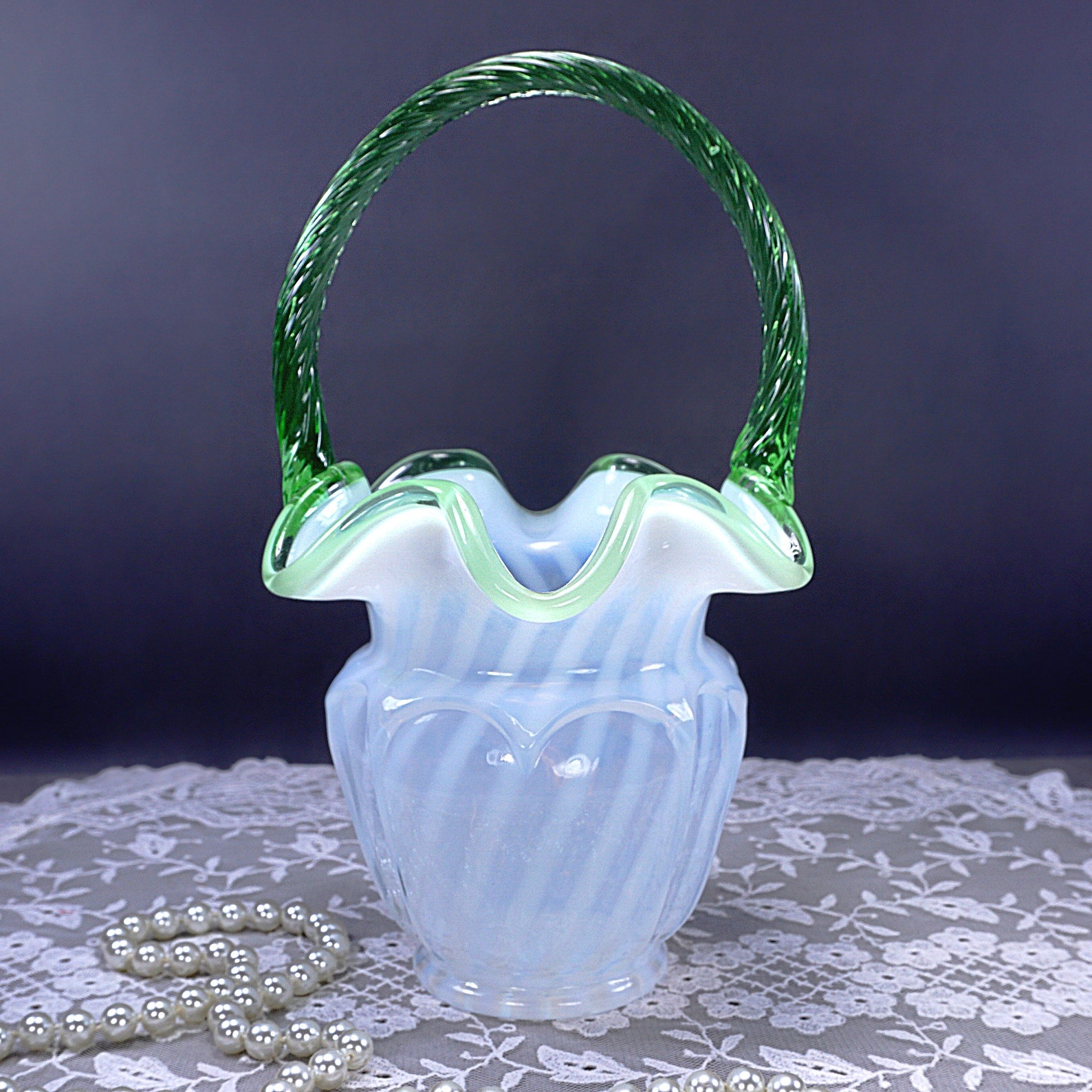 Vintage Fenton Art Glass Basket Pale Green Crest Crimped Etsy