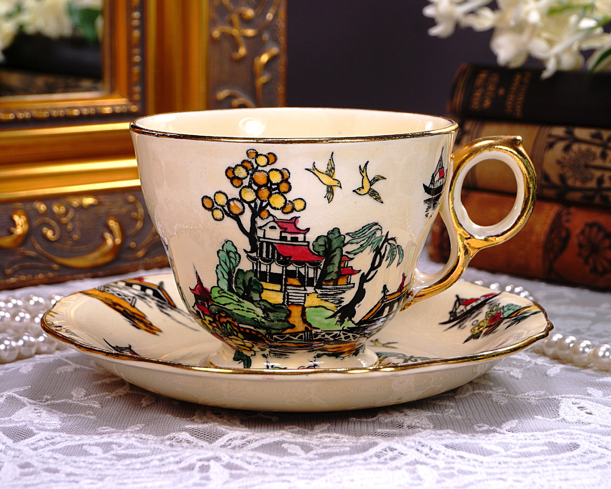 RARE IVORY Royal Winton Grimwades PEKIN Tea Cup & Saucer, Antique