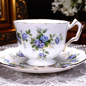 Vintage Aynsley Tea Cup and Saucer, MARINE ROSE #2872, Trailing Blue Roses with Gold Gilt Trim, Made in England, Perfect Cond., 1934-39