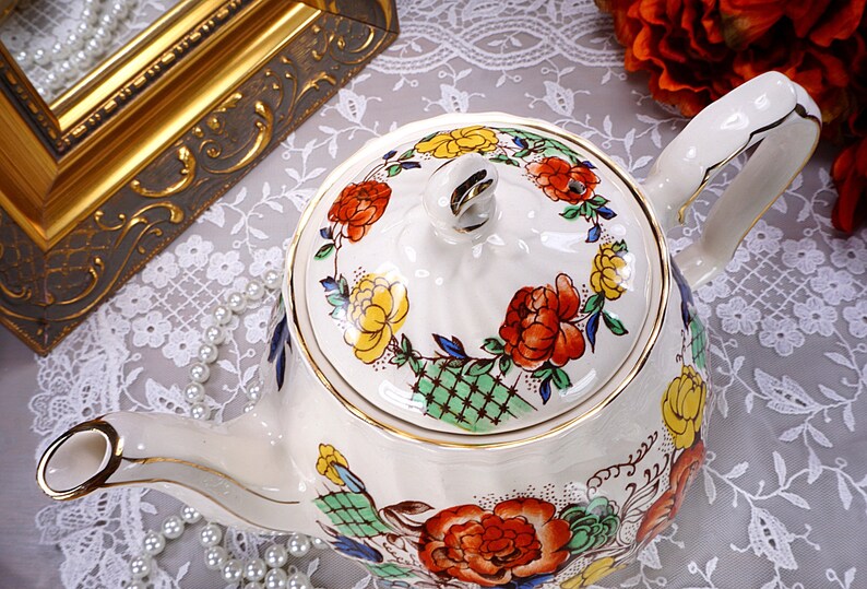 ROSE GARDEN Sadler Swirl Teapot Fall Colors Gold Etsy