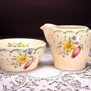 Antique Susie Cooper PRINTEMPS Creamer & Open Sugar Set, Susie Cooper Production Crown Works, Burslem, England, #1292, Collector Set, 1902+