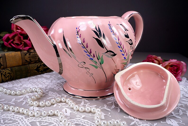 Sadler Swirl Raspberry Pink Teapot Silver Leaves and Trim Etsy