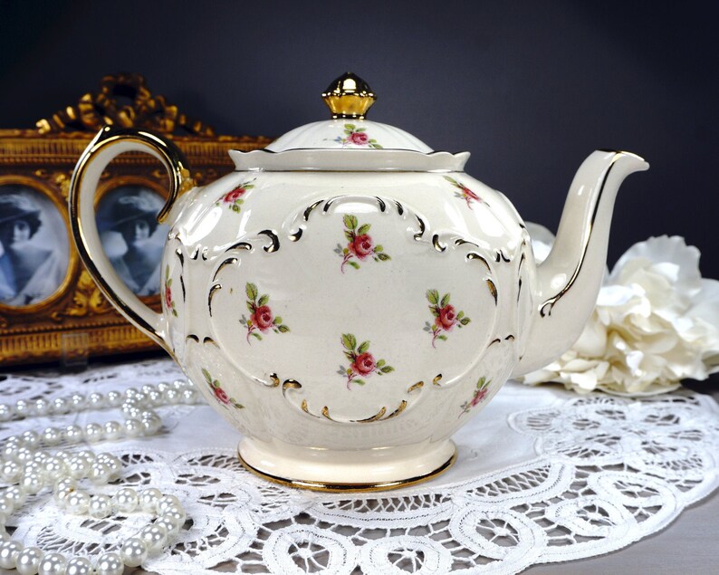 STUNNING Sadler Globe Teapot with Tiny Pink Rosebuds Round Etsy