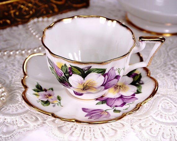 Salisbury Tea Cup and Saucer, Purple and White Flowers, Fancy High Handle,  Gold Gilt Trim, Made in England, Lovely Gift for Her, 1927-1949 