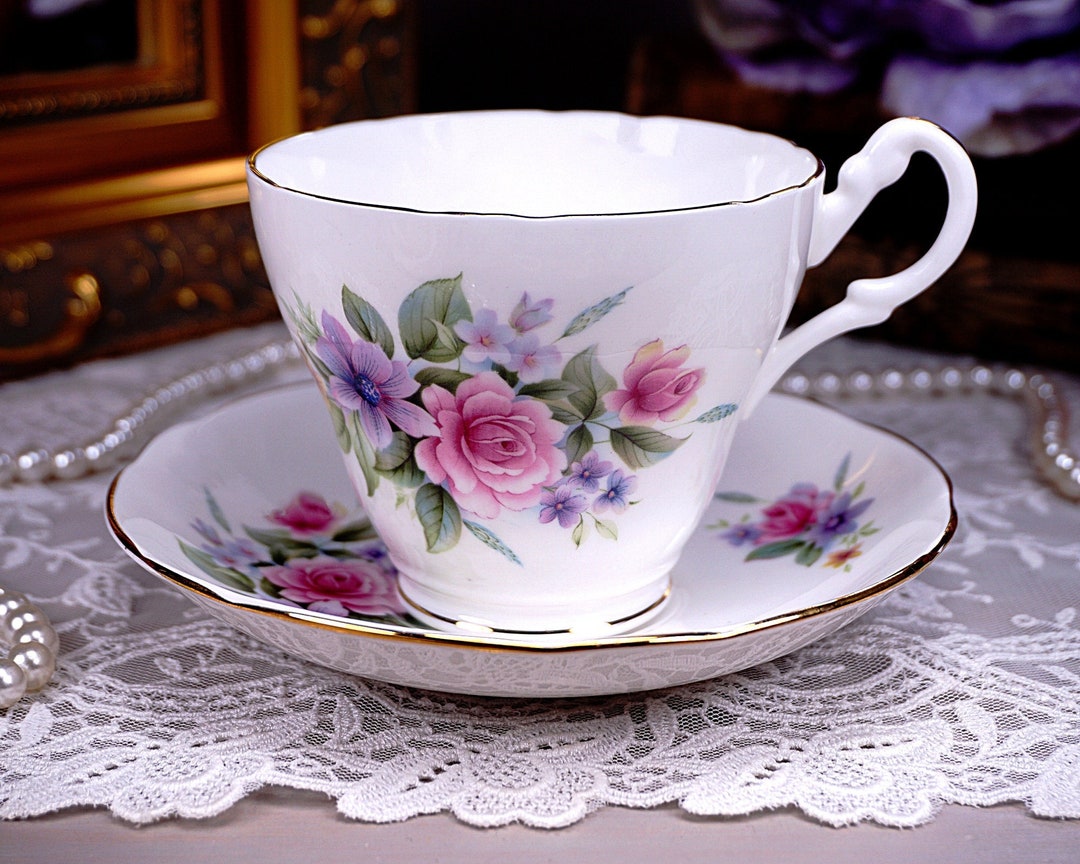 Pretty Royal Ascot Tea Cup and Saucer, Pink Roses, Lavender Flowers