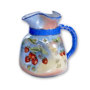 Vintage Pinch Pitcher with Hand-painted Strawberries, Blue Handle, Ceramic Milk Jug, Housewarming Gift, Hostess Gift, Red, Blue, Yellow 1970