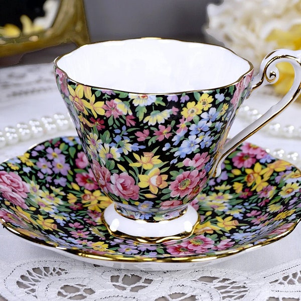 Royal Standard Black Chintz Tea Cup and Saucer, Black Teacup with Yellow Pink and Blue Flowers, Elegant Gold Gilt, English Bone China, 1940s