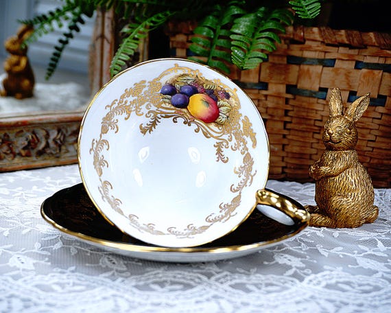 Aynsley FRUIT Black Tea Cup and Saucer, Pattern #2684, Wide-mouth