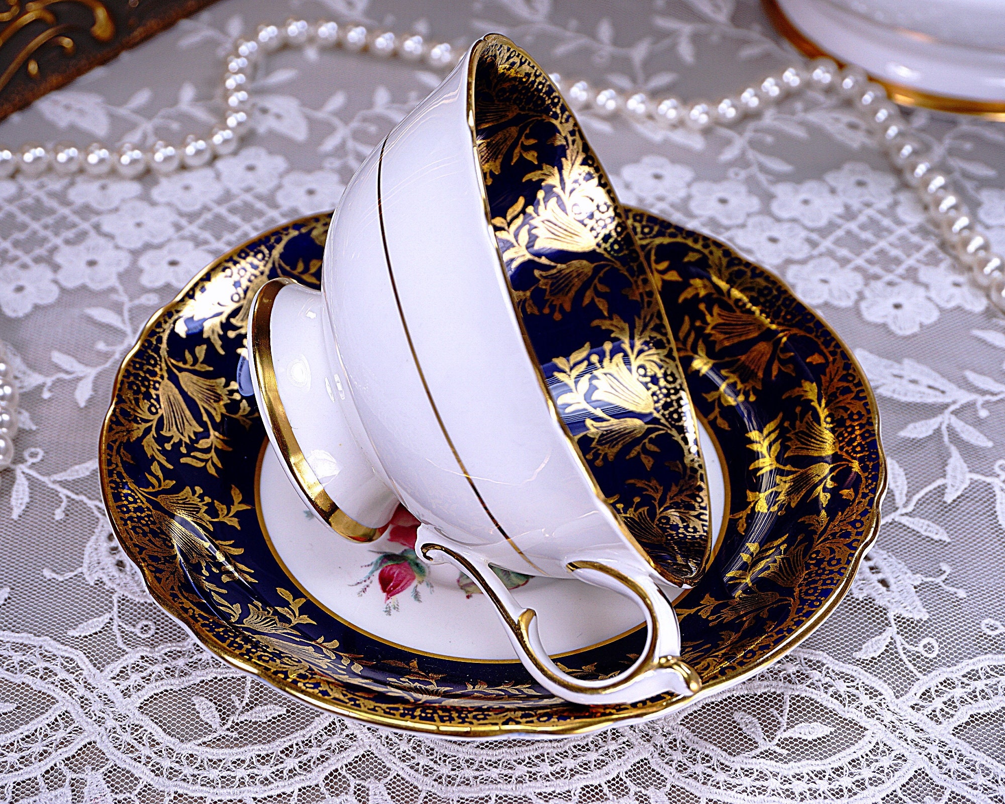 Paragon Floating Rose Tea Cup and Saucer, Large Pink Center Rose