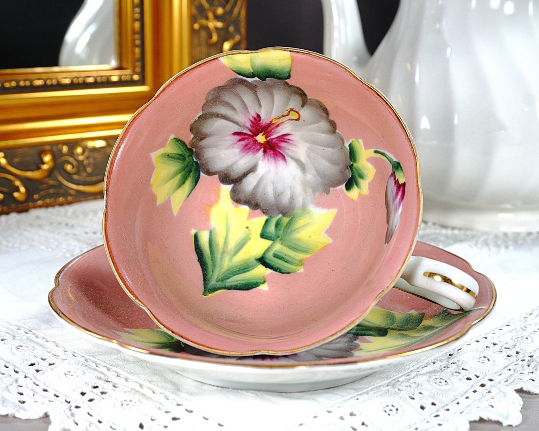 Made in Occupied Japan Tea Cup and Saucer, Rose Pink With Handpainted