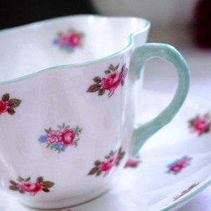Shelley ROSEBUD Tea Cup and Saucer, DAINTY Shape, Tiny Pink Roses with Mint Green Trim, English Fine Bone China, Pink Flower Floral Tea Set