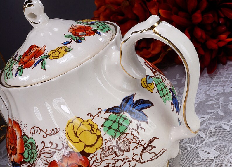 ROSE GARDEN Sadler Swirl Teapot Fall Colors Gold Etsy