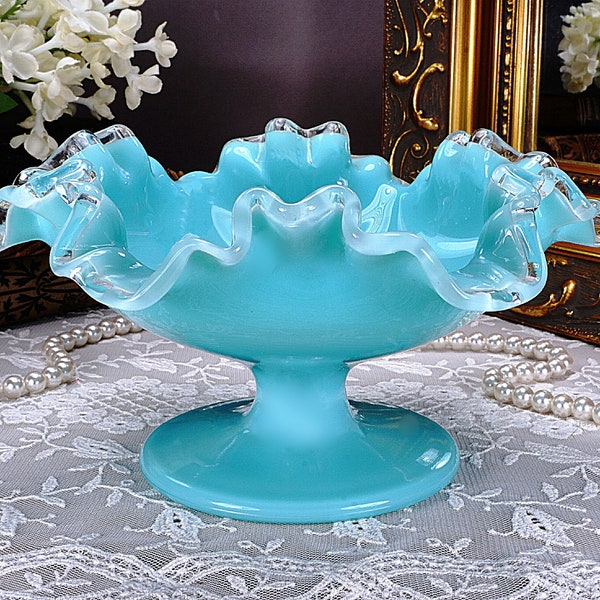 Lovely Fenton Turquoise Silver Crest Pedestal Candy Dish, Pastel Blue Ruffled Milk Glass, Double Crimped Clear Edge, Collector Glass, 1950s