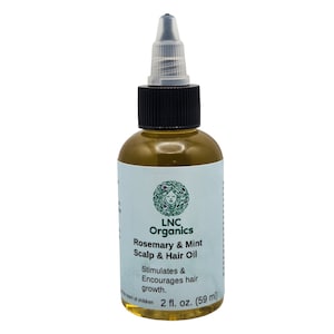 May include: A 2 fl oz (59 ml) bottle of LNC Organics Rosemary & Mint Scalp & Hair Oil. The bottle is clear and has a black cap with a dropper. The label is white with green text and a green logo of a woman with long hair.
