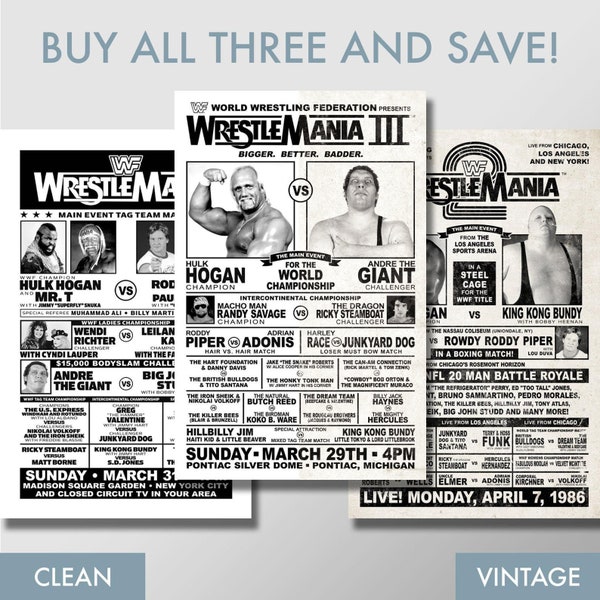 Wrestlemania 1, 2, 3 Event Posters (Buy all three and SAVE) 11x17 24x36