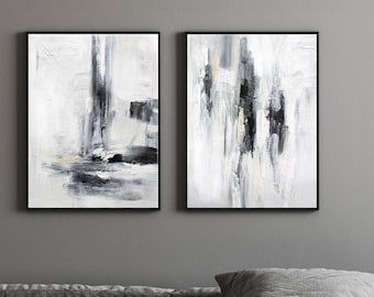Black And White Modern Abstract Paintings, Set Of 2 Canvas Art, Large Neutral Bedroom Art, Gray Artwork