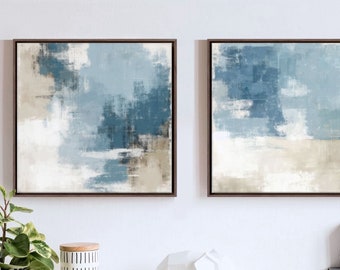 Large Abstract Canvas Art Set Of 2, Distressed Hand Textured Modern Blue And Beige Paintings, Wabi Sabi Decor