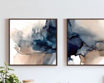 Neutral Abstract Art, Large Canvas Art Set Of 2, Gray Tan And Blue Wall Decor, 30x60''