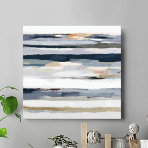 Abstract Sunset Painting, Navy Blue And White Modern Ocean Canvas Art, 24x24, 30x30, 36x36''