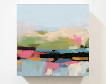 Colorful Abstract Landscape, Vibrant Painting, Bright Modern Canvas Art, Lively Pink And Blue Artwork, 24x24, 30x30