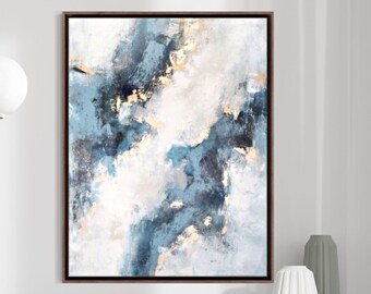 Original Canvas Painting - Abstract Blue White and Gold Wall Art - Textured Artwork, 30x40
