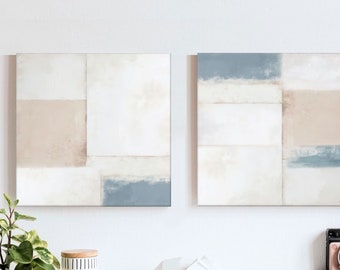 Abstract Canvas Art, Set Of 2 Paintings,  White And Pastel Colors Relaxing Living Room Wall Decor