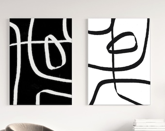 Black And White Canvas Art, Handmade Line Art Set Of 2 Abstract Paintings, 36x48''