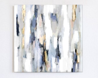 Elegant Abstract Painting, Blue White And Gold Canvas Art, Golden Rain Modern Bedroom Artwork 24x24, 30x30''