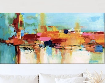 Colorful Abstract Painting, Long Horizontal Canvas Art, Vibrant Artwork, Large Bright Modern Art, 20x40, 30x60