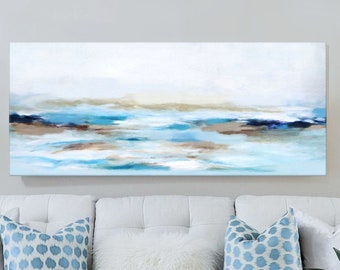 Large Abstract Seascape Painting, Long Horizontal Canvas Art, Over Bed Serene Coastal Wall Art, Aqua Blue Decor, 30x60