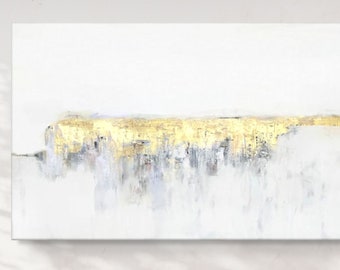 White And Gold Abstract Painting, Large Minimalist Canvas Art, Bedroom Artwork, Elegant Calming Art, Sunrise, 30x40, 36x48