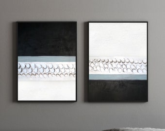 Black And White Original Art, Textured Minimalistic Artwork, Metallic Silver Decor, Set Of 2 Paintings