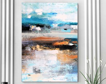 Large Abstract Painting, Vertical Landscape, Sunset Canvas Art, Blue And Orange Living Room Artwork, 24 x 36'', 30x48'', 34x54''