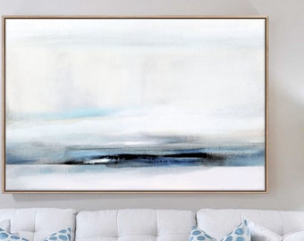 Minimalist Seascape Painting, Large Abstract Canvas Art, White And Blue Relaxing Bedroom Wall Art,  24x36, 30x40