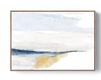 Minimalist Coastal Art, Blue And Yellow Abstract Painting, Large Bedroom Artwork, Elegant Wall Decor, Sunrise