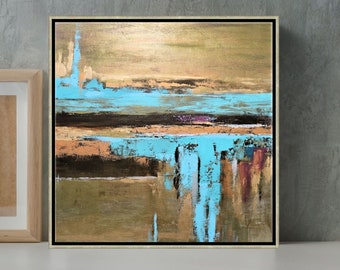 Metallic Art Abstract Painting Aqua Blue And Bronze Wall Art Gold Leaf Painting, Large Artwork, "Contrast", 24x24, 30x30
