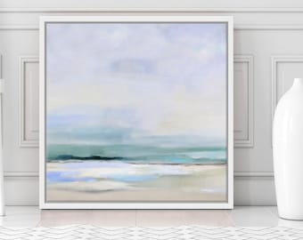 Abstract Seascape, Relaxing Square Canvas Painting, Soft Green Subtle Calming Wall Art, Bedroom Coastal Art Decor