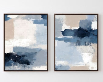 Blue and Beige Abstract Canvas Art Set - Modern Wall Decor - Set of 2 Paintings - Unique Hand Textured Artwork