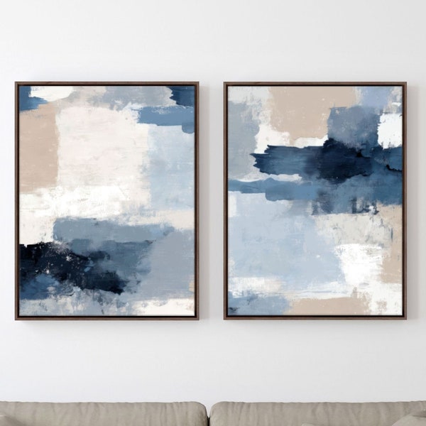 Blue and Beige Abstract Canvas Art Set - Modern Wall Decor - Set of 2 Paintings - Unique Hand Textured Artwork