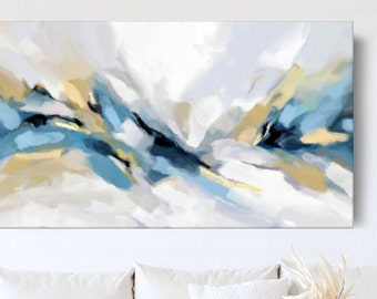 Blue And Yellow Abstract Painting, Large Living Room Artwork, Expressive Horizontal Canvas Wall Art, 24x36, 36x60